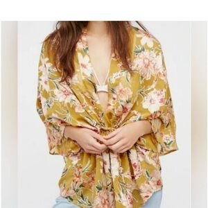 Free People Yellow Dolman Sleeve Tie Front Blouse